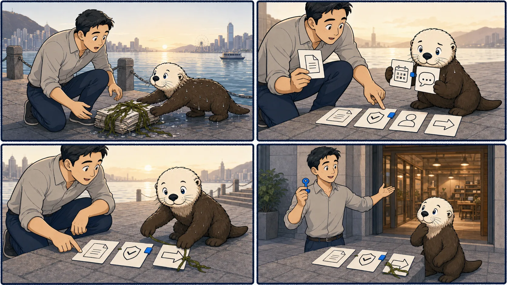 四格漫畫中，海獺把撈回的資料交給代理人，起初把卡片排錯，後來與代理人一起重新整理；最後代理人拿着藍色鑰匙，邀請他走進工作間