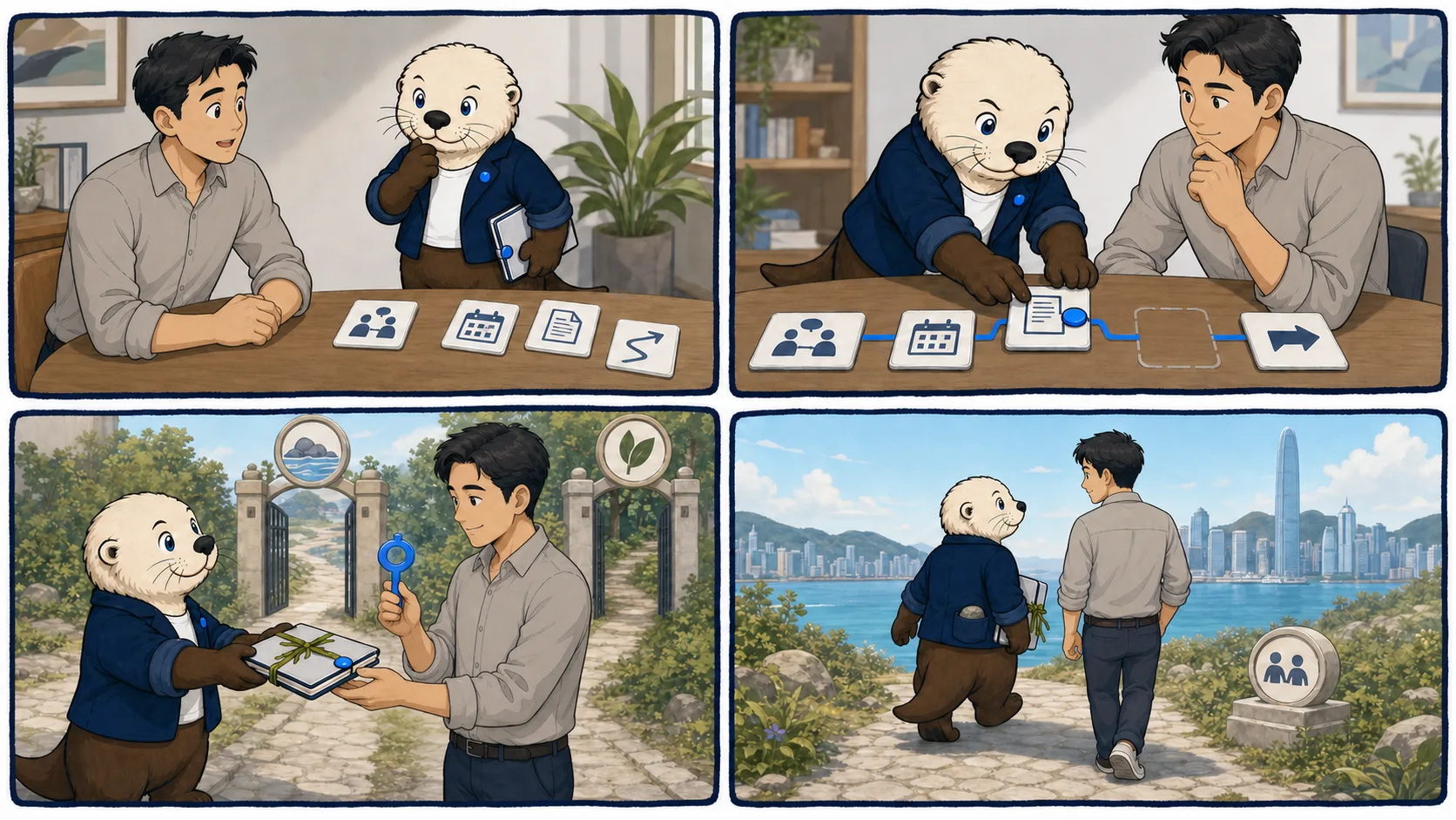 四格漫畫中，穿上職業服裝的 Casi 先觀察桌面資料，再與代理人整理來源、重點和缺失資料；到岔路時把案件夾交給持鑰匙的代理人，最後兩者並肩走向香港海旁的新個案