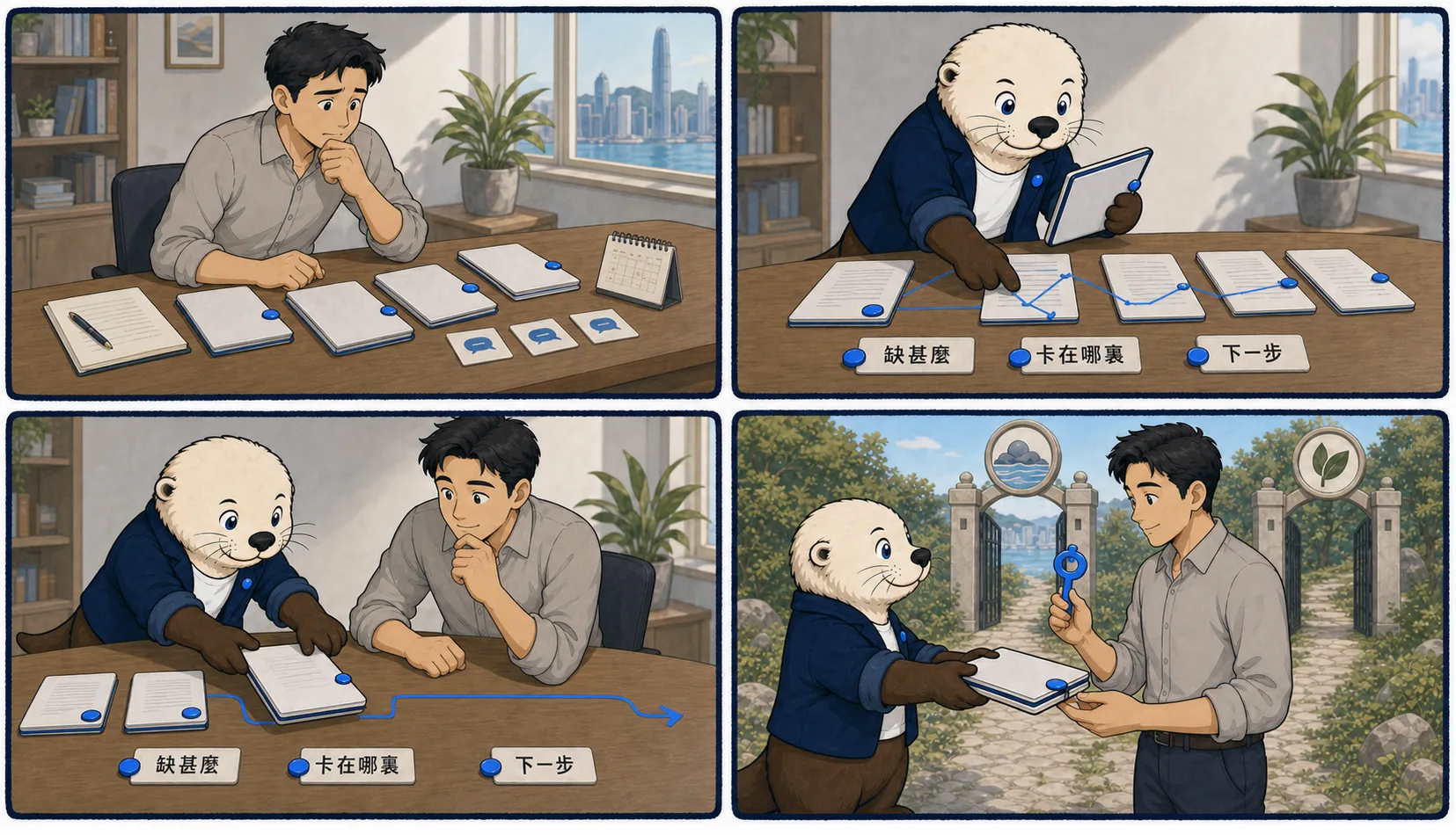 四格漫畫中，代理人面對多本待處理案件夾，Casi 逐一整理並以「缺甚麼」「卡在哪裏」「下一步」三個標籤找出優先次序，最後把選定案件交回持藍色鑰匙的代理人